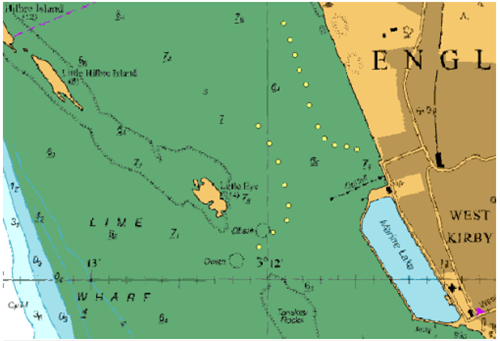 Map showing permanent special marks between the Little Eye and the West Kirby foreshore North of the Marine Lake