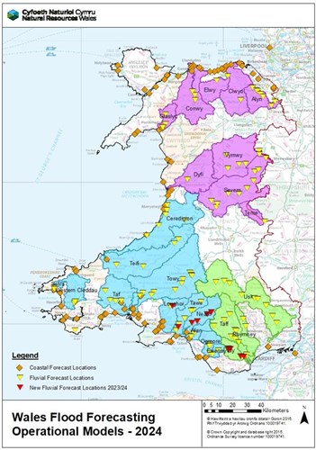 Map of Wales showing the areas covered by our flood forecasting models and locations where we our models are able to provide flood forecasts.